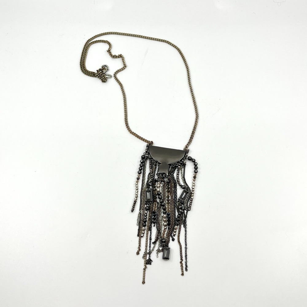 Vintage Express Gunmetal Multi-Chain Tassel Fringe Bib Necklace Smoky Crystals